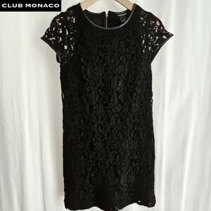 CLUB MONACO Witherbee Black Lace Crewneck Leather Trim Short Sleeve Mini Dress